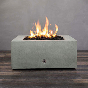 Front view of Starfire Designs Gravity 36" Square Rustic Gravity Concrete (GFRC) Fire Pit - Natural Gas - Natural Gray with flames on, featuring sleek modern concrete bowl design and durable construction, perfect for outdoor patio spaces. Natural gas or propane compatible, enhancing warmth and ambiance. Lava rocks included for added aesthetic.