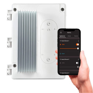 Bromic Affinity Smart-Heat 1-Channel Wireless Dimmer Control shown with integrated aluminum fins alongside the Bromic app for seamless mobile heater control.