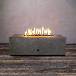 Front view of Starfire Designs Gravity 48" x 32" Rectangle Rustic Gravity Concrete (GFRC) Fire Pit - Propane Gas Hardline - Brown with flames on, featuring sleek modern concrete bowl design and durable construction, perfect for outdoor patio spaces. Natural gas or propane compatible, enhancing warmth and ambiance. Lava rocks included for added aesthetic.