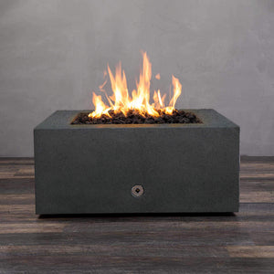 Front view of Starfire Designs Gravity 36" Square Rustic Gravity Concrete (GFRC) Fire Pit - Propane Gas Hardline - Graphite with flames on, featuring sleek modern concrete bowl design and durable construction, perfect for outdoor patio spaces. Natural gas or propane compatible, enhancing warmth and ambiance. Lava rocks included for added aesthetic.