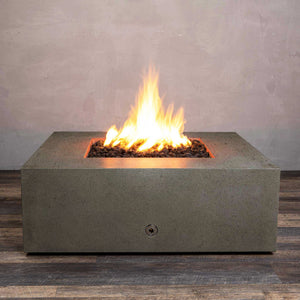 Front view of Starfire Designs Gravity 45" Square Rustic Gravity Concrete (GFRC) Fire Pit - Propane Gas Hardline - Brown with flames on, featuring sleek modern concrete bowl design and durable construction, perfect for outdoor patio spaces. Natural gas or propane compatible, enhancing warmth and ambiance. Lava rocks included for added aesthetic.
