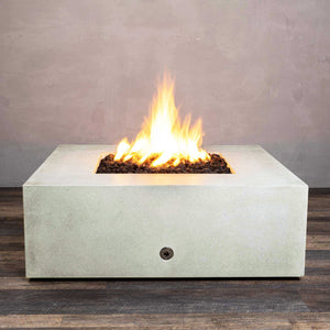 Front view of Starfire Designs Gravity 45" Square Rustic Gravity Concrete (GFRC) Fire Pit - Propane Gas Hardline - White with flames on, featuring sleek modern concrete bowl design and durable construction, perfect for outdoor patio spaces. Natural gas or propane compatible, enhancing warmth and ambiance. Lava rocks included for added aesthetic.