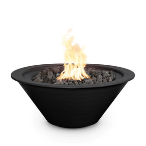 Bold and sophisticated, this black powder-coated Cazo fire bowl creates a dramatic centerpiece with its deep matte finish and vibrant flames rising above lava rocks / ideal for luxe modern backyards.