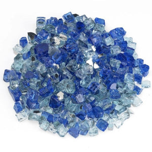 A vivid blend of American Fire Products 1/2" Bora Bora pre-mixed fire glass in deep cobalt and icy blue tones—designed to bring brilliant color and reflective shimmer to any fire feature.
