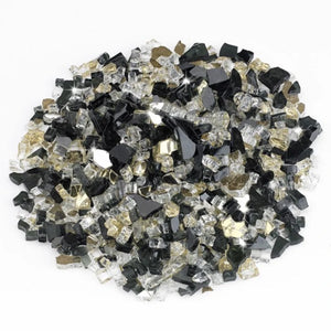 American Fire Products 1/2" Las Vegas pre-mixed fire glass in a striking combination of black, clear, and gold tones—delivering a luxurious, high-contrast sparkle that elevates any fire pit or fireplace design.
