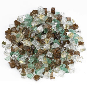 American Fire Products 1/2" Yosemite pre-mixed fire glass featuring earthy tones of amber, emerald green, and clear crystal—bringing a natural warmth and organic sparkle to any fire pit or fireplace design.