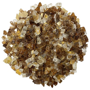 American Fire Products 1/2" Zion pre-mixed fire glass in golden amber and clear tones, offering a warm, sunlit sparkle that elevates fire features with cozy, rustic charm and vibrant glow.
