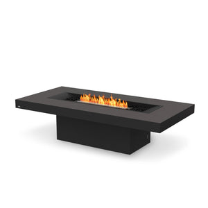EcoSmart Fire Gin 90 Chat Height Graphite fire pit with a black burner, showcasing a sleek rectangular design, durable graphite concrete finish, and a low-profile aesthetic. The modern fire pit is fueled by natural gas or propane, creating a sophisticated outdoor centerpiece for patios and backyard spaces.