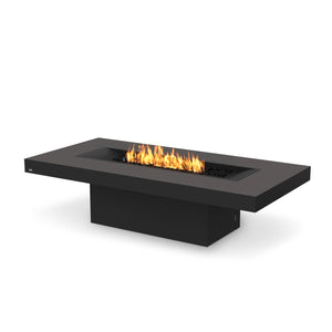 EcoSmart Fire Gin 90 Chat Height Graphite propane gas fire pit, designed with a contemporary rectangular shape and a black burner. The graphite concrete base enhances its industrial modern appeal, making it a luxury fire feature for patios, decks, and backyard gatherings.