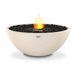 The EcoSmart Fire Mix 850 Bone Fire Pit features a sleek bone-colored concrete bowl with a black burner, surrounded by black fire glass. This modern outdoor fire pit delivers a clean-burning flame using eco-friendly bioethanol fuel, making it ideal for patios, backyards, and commercial outdoor spaces.