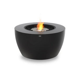 A graphite EcoSmart Fire Pod 40 fire pit with a stainless steel ethanol burner, offering a high-end modern fire table experience. The round fire pit design enhances patio decor, making it a perfect fire pit for outdoors.