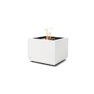EcoSmart Fire Sidecar 24 Bone outdoor fire pit with a stainless steel burner, designed with a minimalist cubic structure in a bone-white concrete finish. This freestanding fire feature is available in propane or natural gas options, offering a sophisticated and durable fire experience with reflective fire glass for a brilliant flame display.