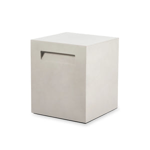 EcoSmart Fire Stool Tank in Bone finish, a sleek and modern concrete propane tank cover designed to complement outdoor fire pits. Featuring a clean, minimalist cube shape with an integrated handle, this outdoor fire pit accessory doubles as a sturdy stool or side table while concealing a propane tank for a seamless look.
