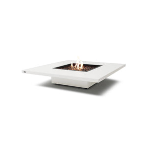 The EcoSmart Fire Vertigo 50 Bone in propane configuration offers a square fire table design crafted from durable bone-white concrete. This luxury fire feature showcases a sleek, modern aesthetic with a black fire glass burner, delivering clean-burning flames suitable for residential patios, commercial lounges, and backyard fire pit setups.