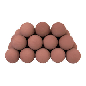 A pyramid stack of Rasmussen Vented Uniform FireBalls in Adobe Red color. The fireballs are stacked symmetrically, showcasing their smooth texture and uniform round shape. Ideal for vented fireplaces, these fireballs provide a modern, minimalist aesthetic for enhancing your fire feature. Perfect for natural gas or propane fireplaces, creating a unique visual effect with flames.