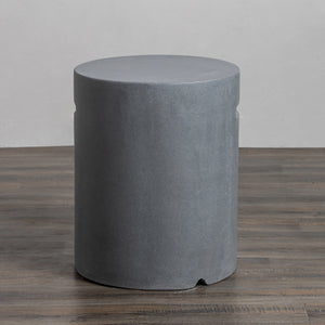 This image displays the Starfire Designs Beton 16" Natural Gray Round Propane Tank Cover from a front-facing angle, showcasing its smooth, cylindrical concrete design in natural gray. The durable material and neutral tone make it a modern, functional addition to conceal propane tanks for outdoor fire pits. Perfect for large backyard fire pits, this stylish cover blends seamlessly into various outdoor settings.