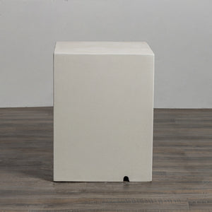 Rear view of the Starfire Designs Beton 16-inch white square propane tank cover highlighting its seamless white finish, durable concrete construction, and functional cutout at the base for propane hose access. Perfect for outdoor use, providing both functionality and aesthetic appeal.