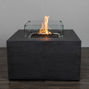 A detailed view of the Starfire Designs Beton 42" Graphite Square Hidden Propane Tank Gas Fire Pit showcasing its elegant graphite finish and vibrant flames. This modern square gas fire pit features a seamless design, ideal for outdoor spaces.