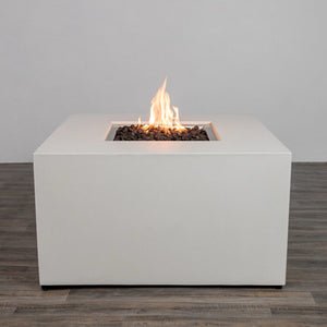 The Starfire Designs Beton 42" White Square Hidden Propane Tank Gas Fire Pit, showcasing a modern white concrete finish and robust flame for outdoor ambiance and warmth.