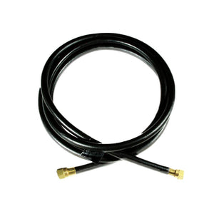 Coiled black gas hose with brass connectors, ideal for connecting gas appliances like fire pits, grills, or heaters to a gas supply