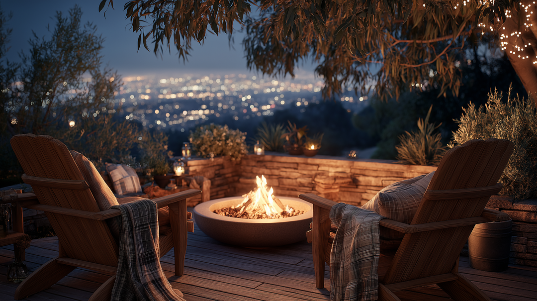 Fall Fire Pit on a hillside patio at dusk—with two wooden Adirondack chairs draped in cozy blankets, a glowing bowl-style flame, twinkling string lights in the eucalyptus branches, and city lights shimmering in the distance.