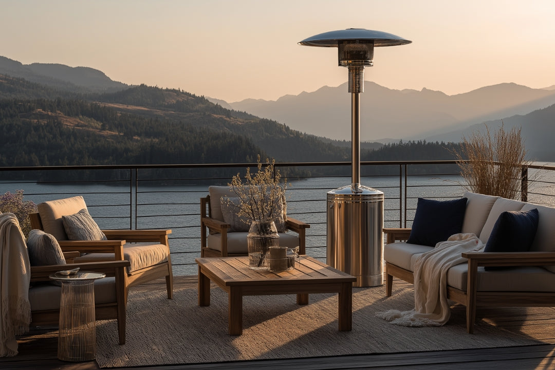 Freestanding stainless steel patio heater on a lakeside deck with cozy outdoor seating, wooden furniture, and mountain views at sunset.
