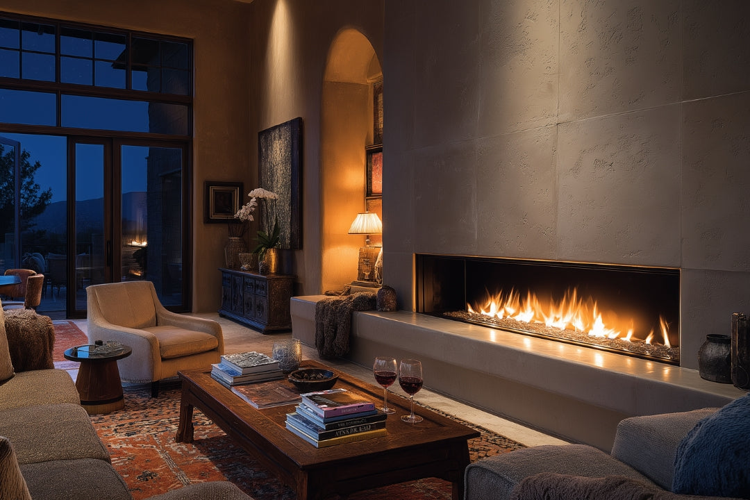 Modern living room with a sleek built-in gas fireplace glowing warmly along a minimalist stone wall, creating a cozy ambiance in a luxury home interior at dusk.