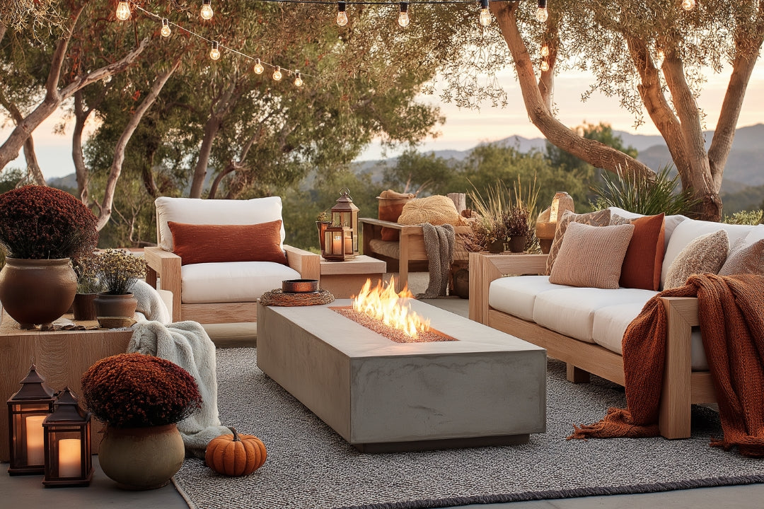 Warm fall patio design with wooden outdoor sofas, neutral cushions, burnt orange pillows, a concrete fire pit, lanterns, pumpkins, and autumn planters under string lights