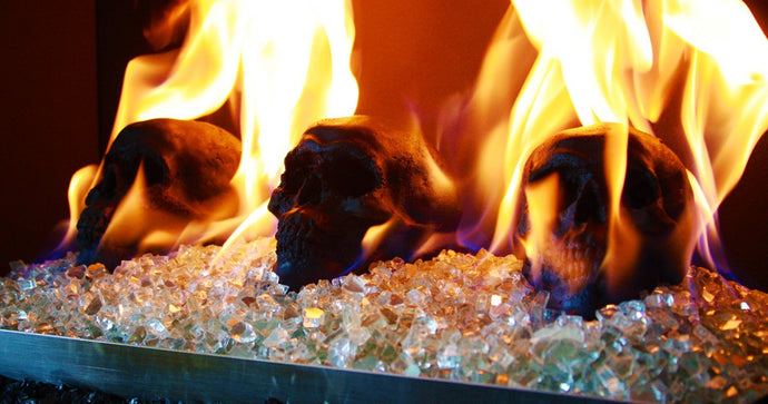 Flaming Ceramic Fire Place Skulls