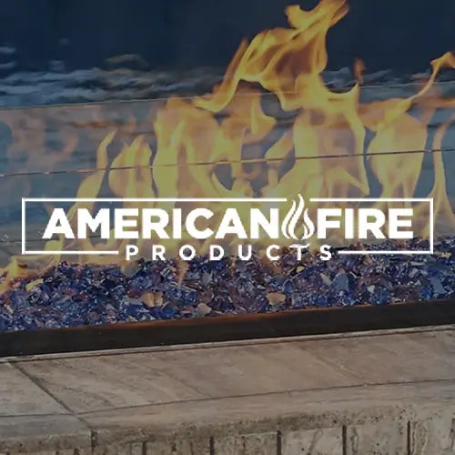 An American Fire Products logo overlayed over a cobalt fire glass on fire in a fire pit