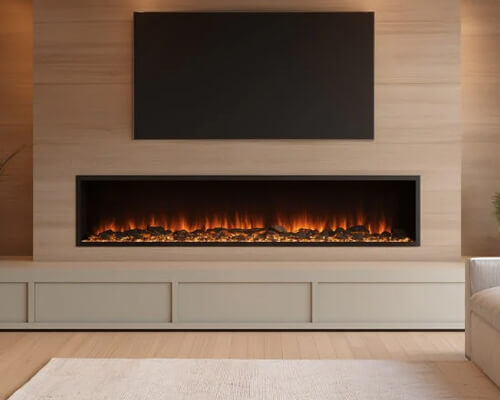 A modern linear fireplace is inlaid into a wall beneath a wall mounted tv