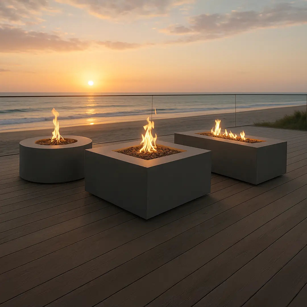 a trio of Beton fire pits in multiple shapes and sizes are ignited and displayed on a sunset beach patio.