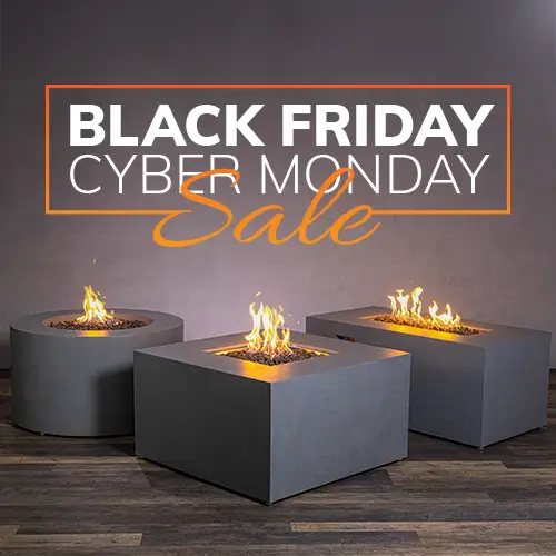 Black Friday logo above three concrete fire pits on a photo studio