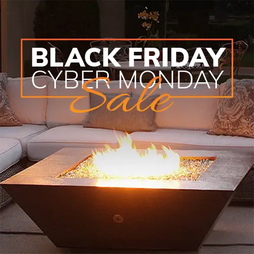 Black Friday logo above a copper style fire pit in front of a patio sectional