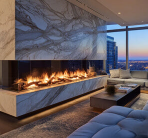 A mdoern fireplace with twisting logs prevails in a modern living room