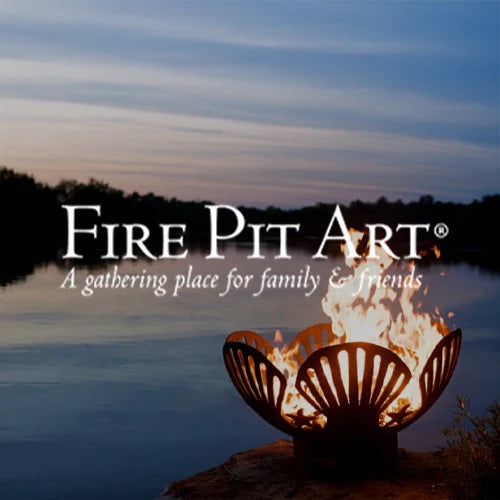 Fire Pit Art outdoor fire bowl with intricate artistic design, radiating a warm flame by a peaceful lakeside during sunset, creating a cozy gathering spot for family and friends in a serene natural setting.