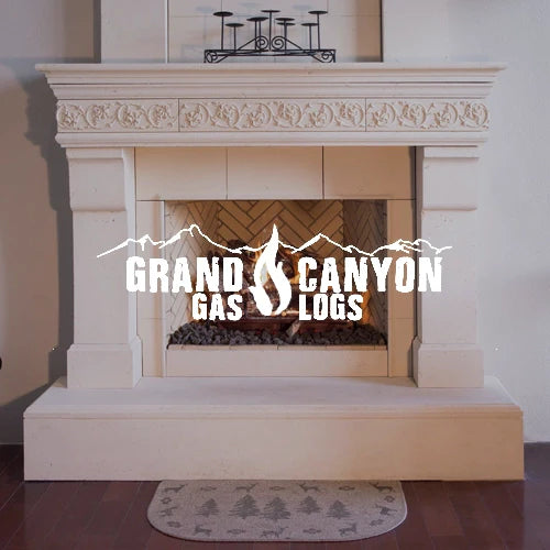 Grand Canyon Gas Logs displayed in a luxurious stone fireplace with intricate detailing, realistic flames, and premium log design, enhancing the cozy ambiance of a classic, elegant living room setting.