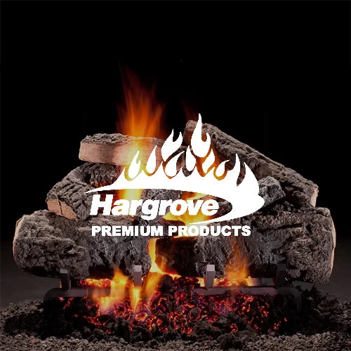 Hargrove premium gas log set showcasing realistic charred wood logs with vibrant flames and glowing embers, creating a warm and inviting fireplace experience, ideal for enhancing ambiance and home comfort.