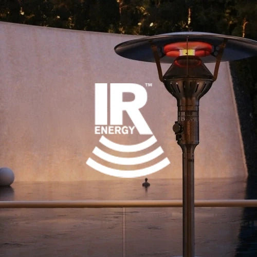 IR Energy patio heater with a sleek stainless steel design, glowing infrared heating element, and modern aesthetic, ideal for outdoor heating solutions. Set against a serene evening backdrop with soft lighting.