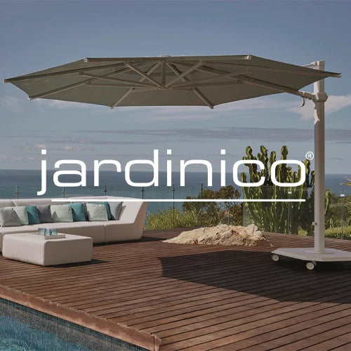 Elegant Jardinico outdoor cantilever umbrella providing shade over a modern poolside deck. Its sleek, adjustable design complements luxurious outdoor seating, ideal for creating shaded, stylish lounging areas.