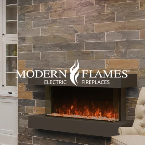 Modern Flames electric fireplace showcasing a sleek, contemporary design with vibrant flames set in a stylish stone-tile wall. Ideal for luxurious living spaces, combining warmth and modern aesthetics.