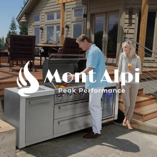 Mont Alpi outdoor kitchen island featuring a premium stainless steel grill with side burners, built-in refrigerator, and spacious prep area, creating a luxurious and functional space for backyard barbecues.