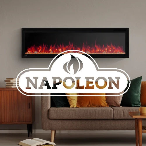 Napoleon electric fireplace with vivid flames in a sleek black frame, mounted in a modern living room; perfect for luxury indoor heating, energy-efficient fireplaces, and contemporary home decor.