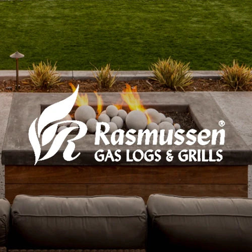 Rasmussen gas fire pit with modern concrete design and ventless fireballs, featuring bright flames, perfect for enhancing outdoor spaces with stylish, durable, and high-quality gas fire pit solutions.