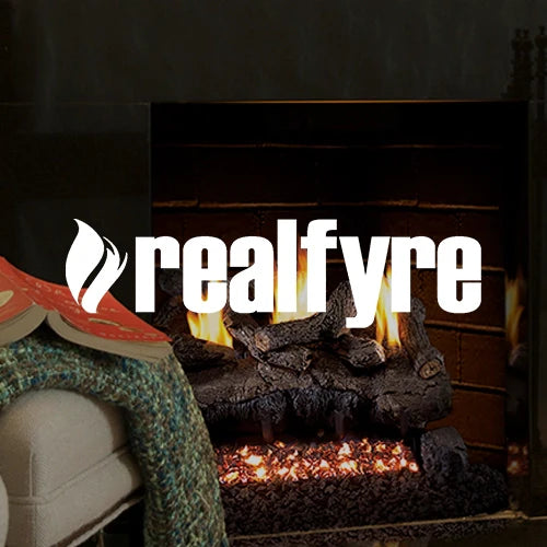 Real Fyre gas fireplace with realistic log set and glowing embers, creating a cozy ambiance in a traditional hearth, ideal for enhancing home interiors and offering warmth and luxury to living spaces.