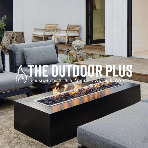 The Outdoor Plus rectangular fire pit table with sleek black finish, showcasing a modern flame design, surrounded by elegant outdoor seating, perfect for luxury patios and backyard living spaces.