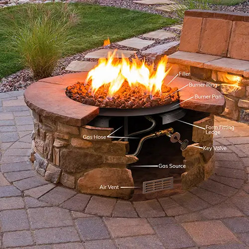 A fire pit is cut to be see through and showcase the internal fittings and parts on a stone paveway in a stunning backyard