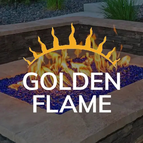 the Golden Flame logo is overlayed an outdoor fire pit filled with fire glass