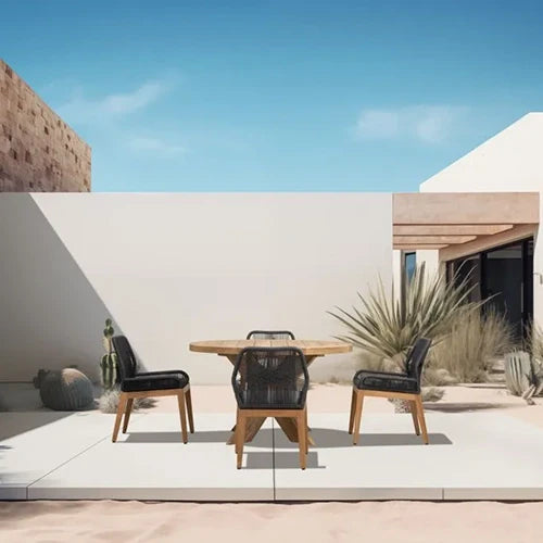 The Harmonia Living Roost Dining Set offers a rustic yet modern aesthetic with a round wooden table and woven rope-backed dining chairs.