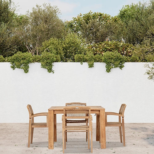 The Harmonia Living Sands Teak Wicker Dining Set combines warm natural teak with woven wicker chairs, offering a sophisticated touch to outdoor spaces.